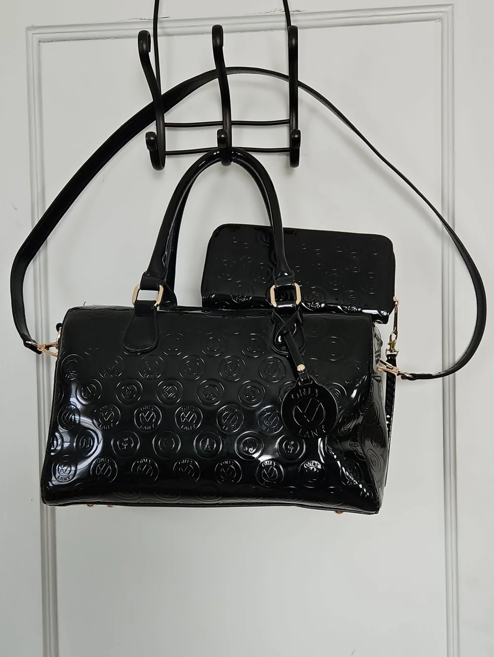 LANY Black Patent Large Satchel Handbag and Matching Wallet/ Wristlet